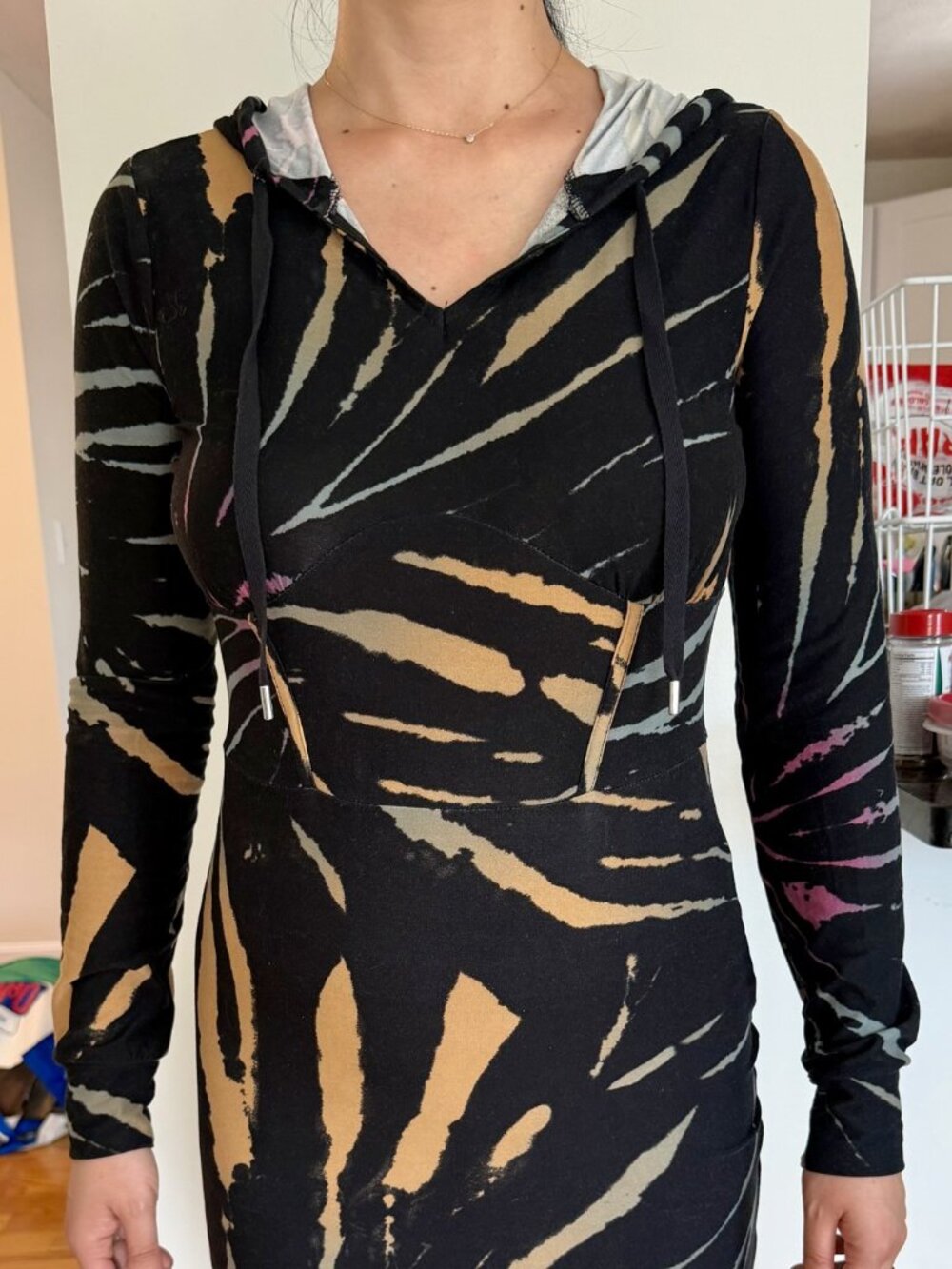 Black Gold Abstract Print hooded Bodycon Dress Long Sleeve